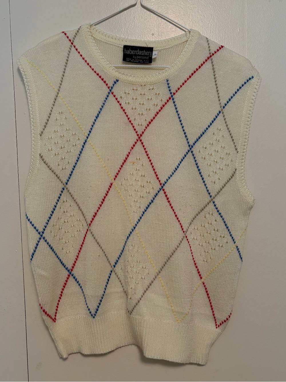 Persona Cream Argyle Knit V-Neck Sweater Vest with Red Blue Yellow Accents